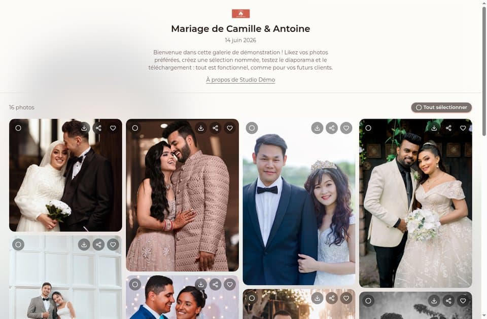 Galerie cliente « Mariage de Camille & Antoine » : titre, date, message d'accueil et grille de photos